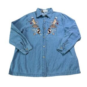 Vintage 90s Cat Pattern Button Up Long Sleeve Shirt Granola Embroidered Yarn 14